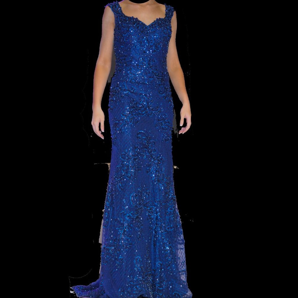 Custom Tony Bowls Navy Beaded Evening Gown Size 2